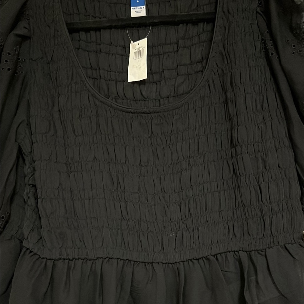 Black Smocked Peplum Blouse with Puff Sleeves - Picture 4 of 7